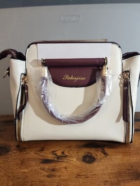 Cream and Burgundy Structured Satchel by